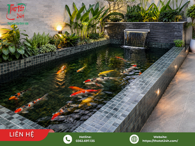 Hồ cá Koi cảnh quan ngoài trời hoàn thiện thi công chống thấm đúng kỹ thuật an toàn cho cá