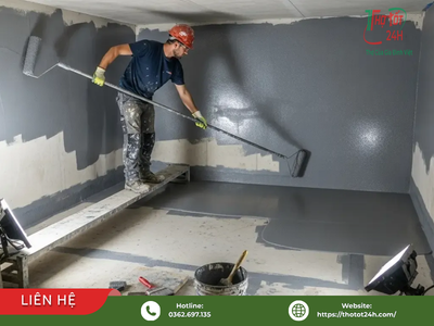 Thợ thi công quét lớp chống thấm hố thang máy chuyên nghiệp bằng vật liệu màng chống thấm cao cấp