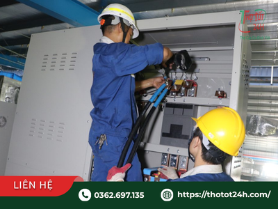 Thợ điện chuyên nghiệp đang kiểm tra, đấu nối tủ điện tổng và tham khảo giá sửa điện nước tại Bình Dương.