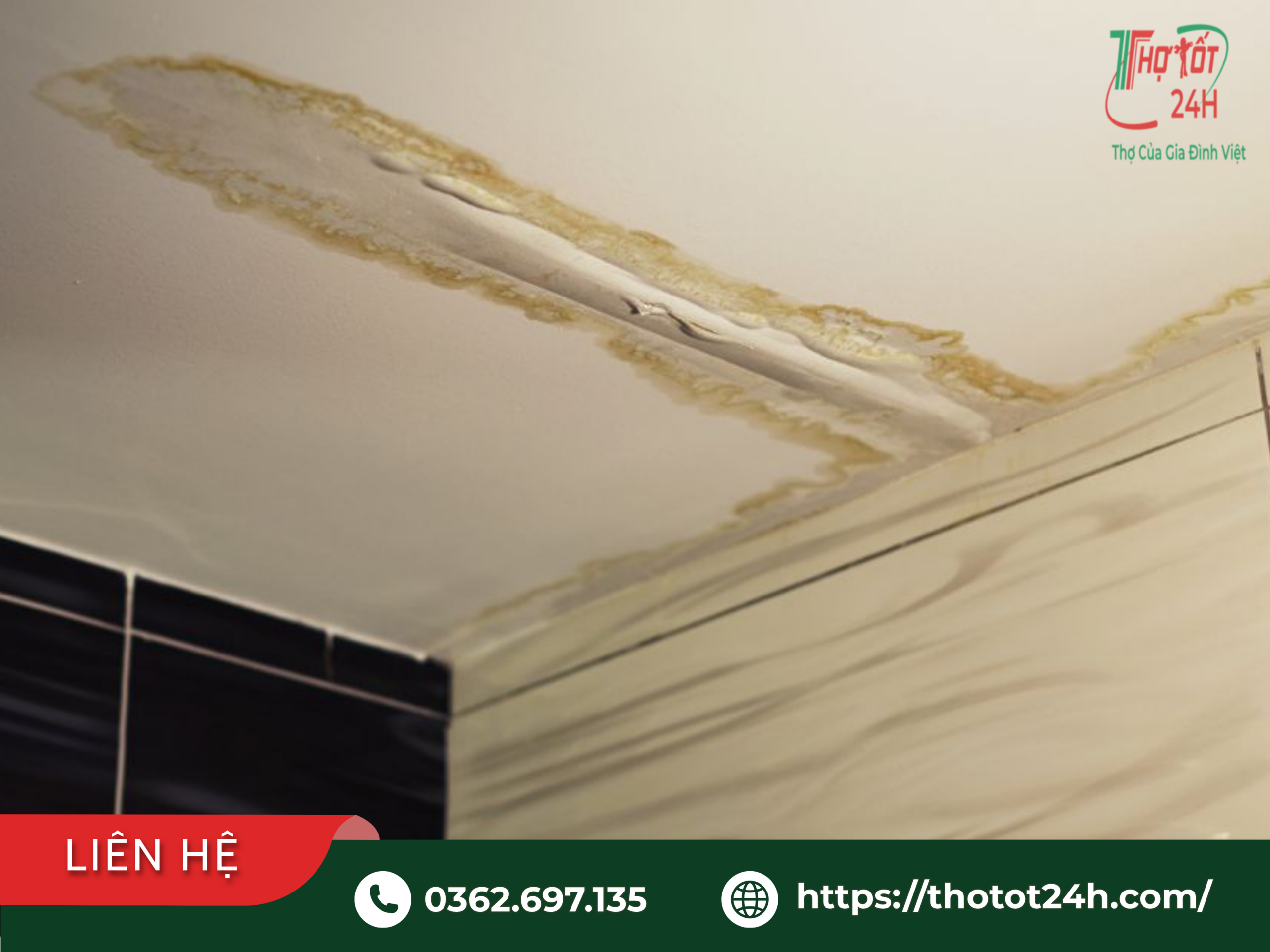 Trần nhà bị ố vàng do hỏng lớp chống thấm nhà vệ sinh chung cư tầng trên
