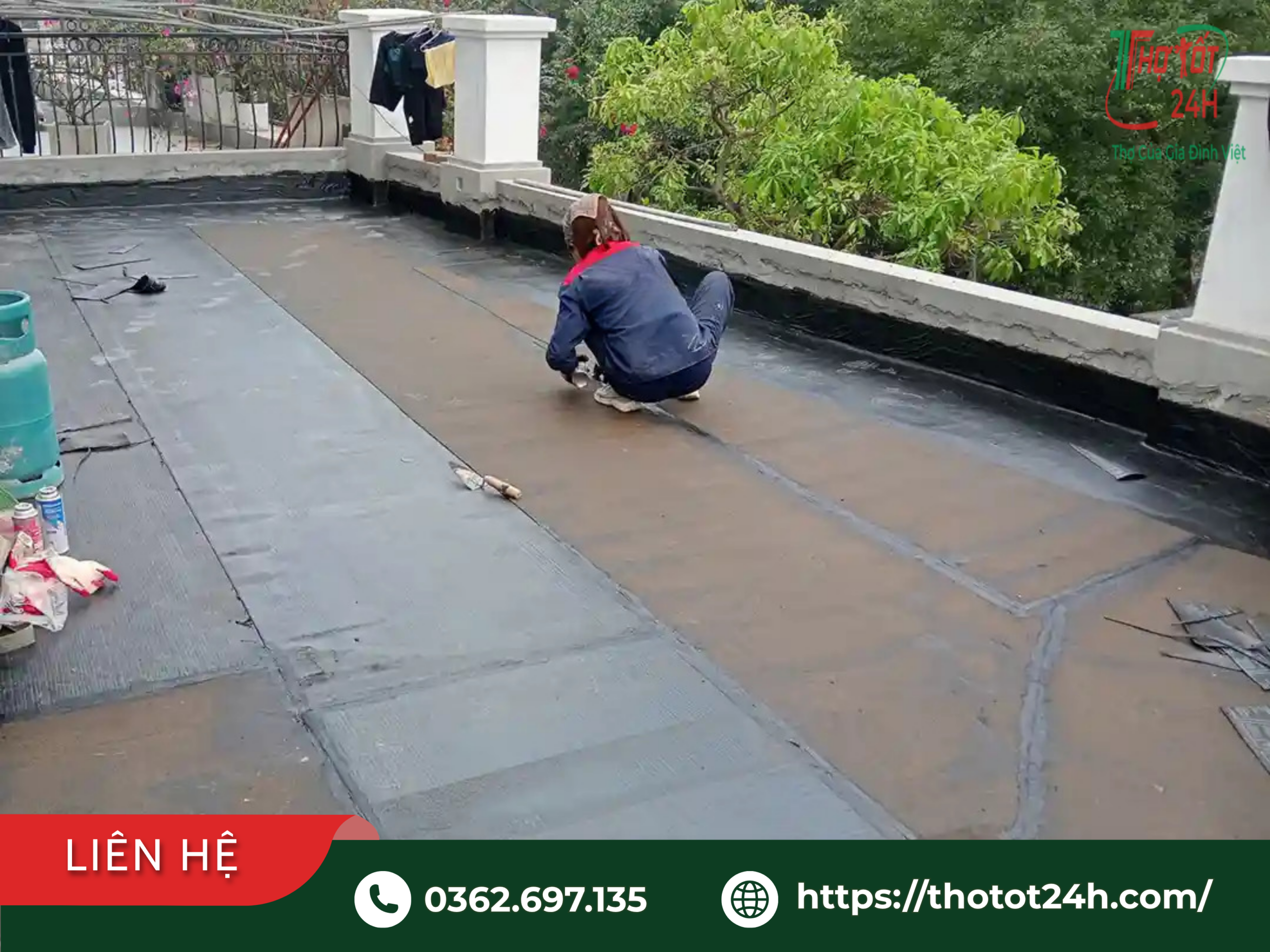 Khò màng chống thấm sân thượng trồng cây đúng kỹ thuật để tránh sai lầm rò rỉ nước