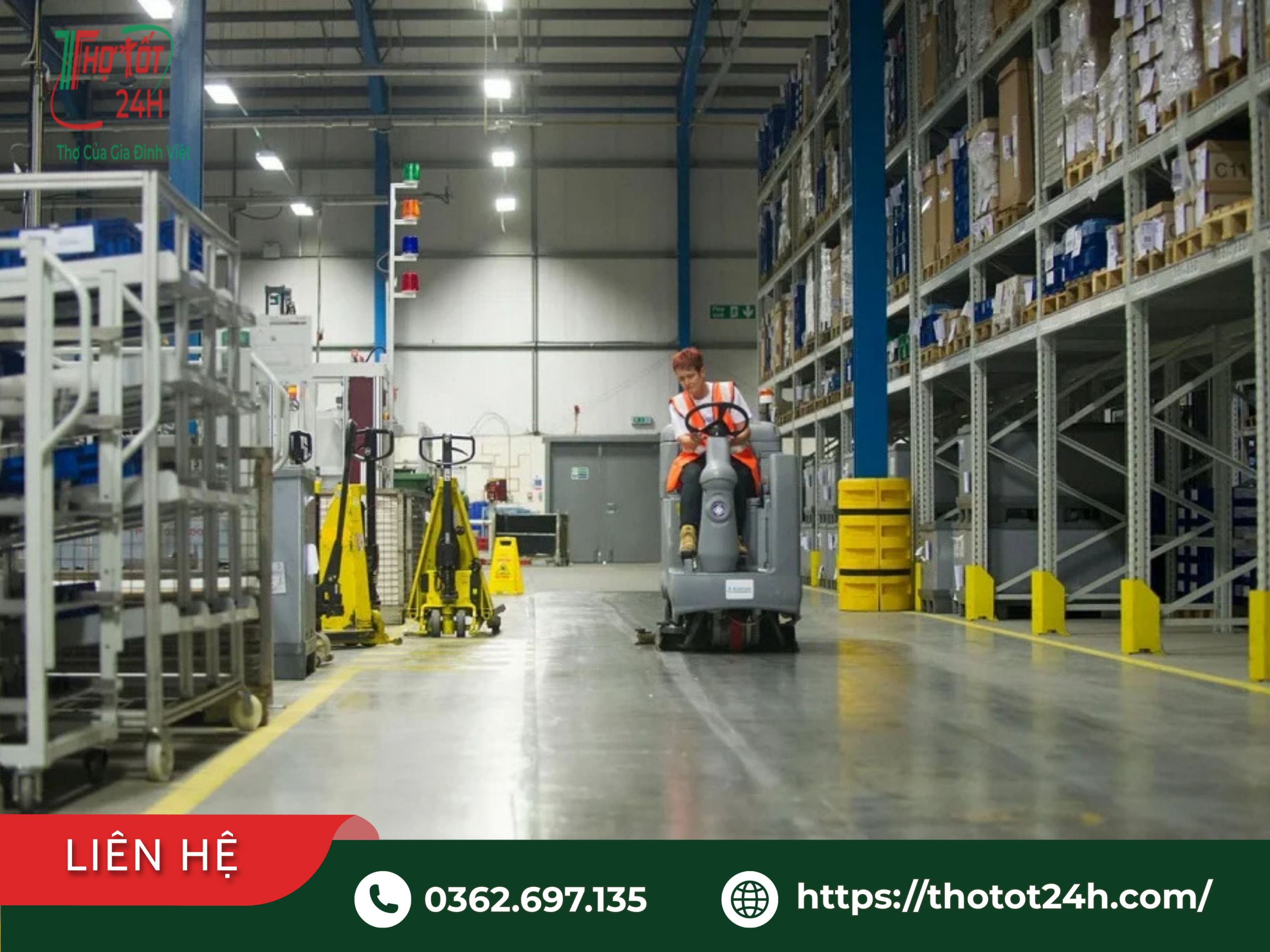 Dịch vụ vệ sinh sàn nhà xưởng công nghiệp chuyên nghiệp bằng máy chà sàn tại khu công nghiệp Bình Dương.
