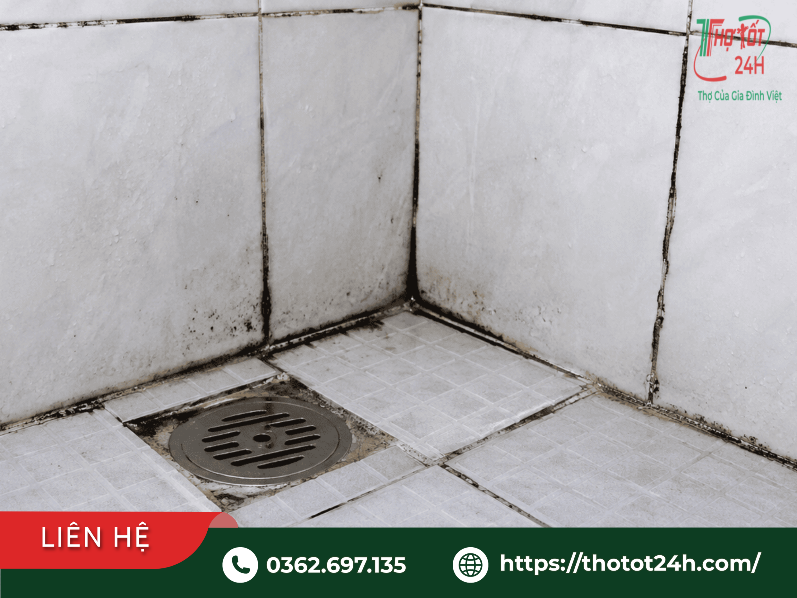 Hiện trạng ron gạch nhà vệ sinh bị đen bong tróc quanh phễu thoát sàn cần xử lý bằng keo chà ron chống thấm nhà vệ sinh chuyên dụng