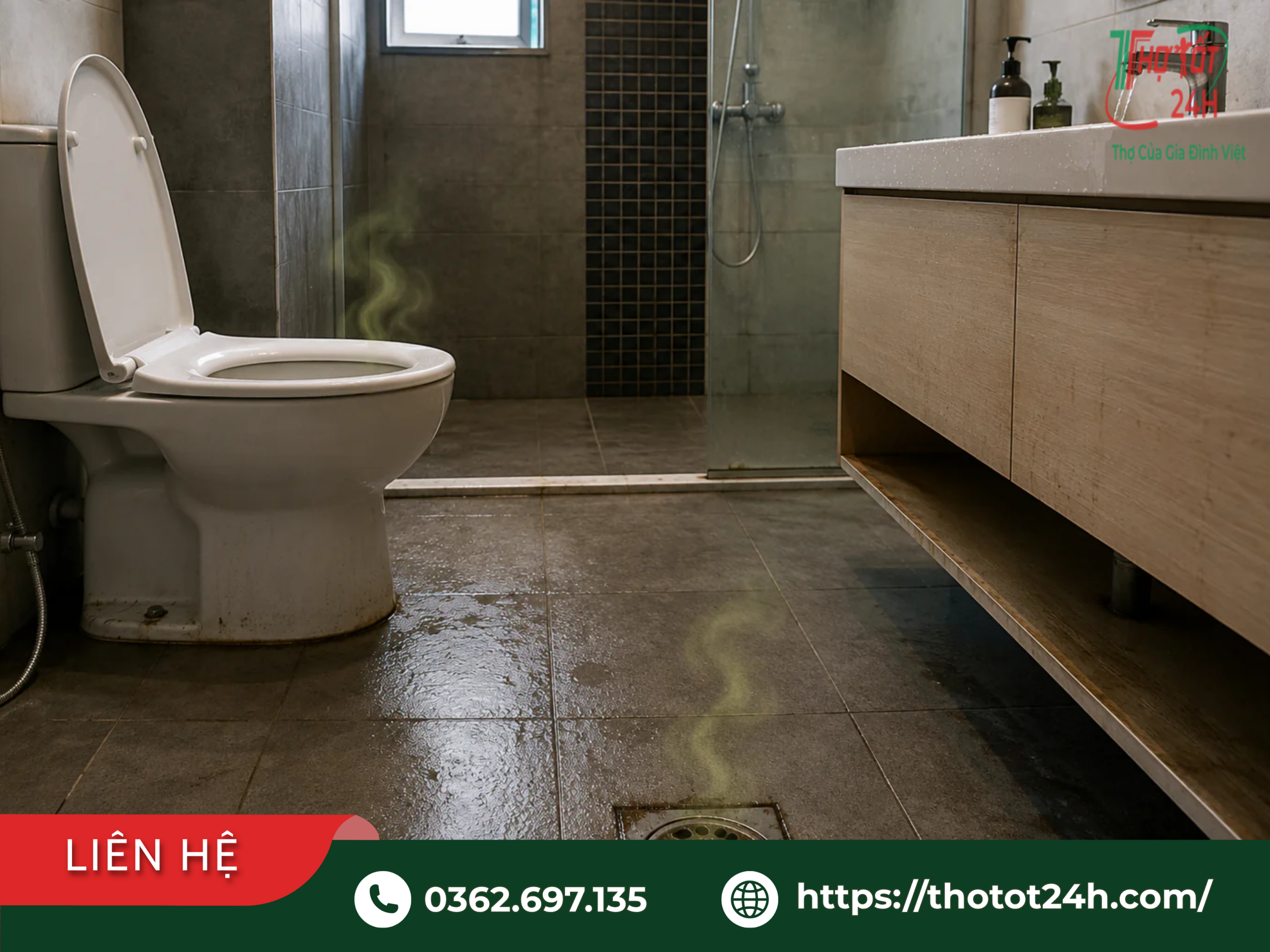 Dấu hiệu nhận biết nhà vệ sinh bị mùi hôi do hở chân bồn cầu và nghẹt phễu thoát sàn