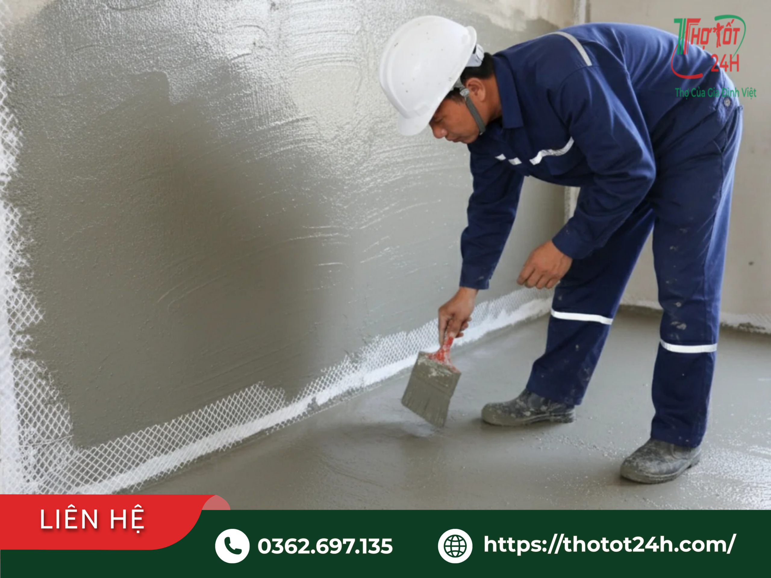 Thợ quét chống thấm chân tường có dán lưới gia cố giúp tránh tình trạng nhà vệ sinh mới xây bị thấm nước