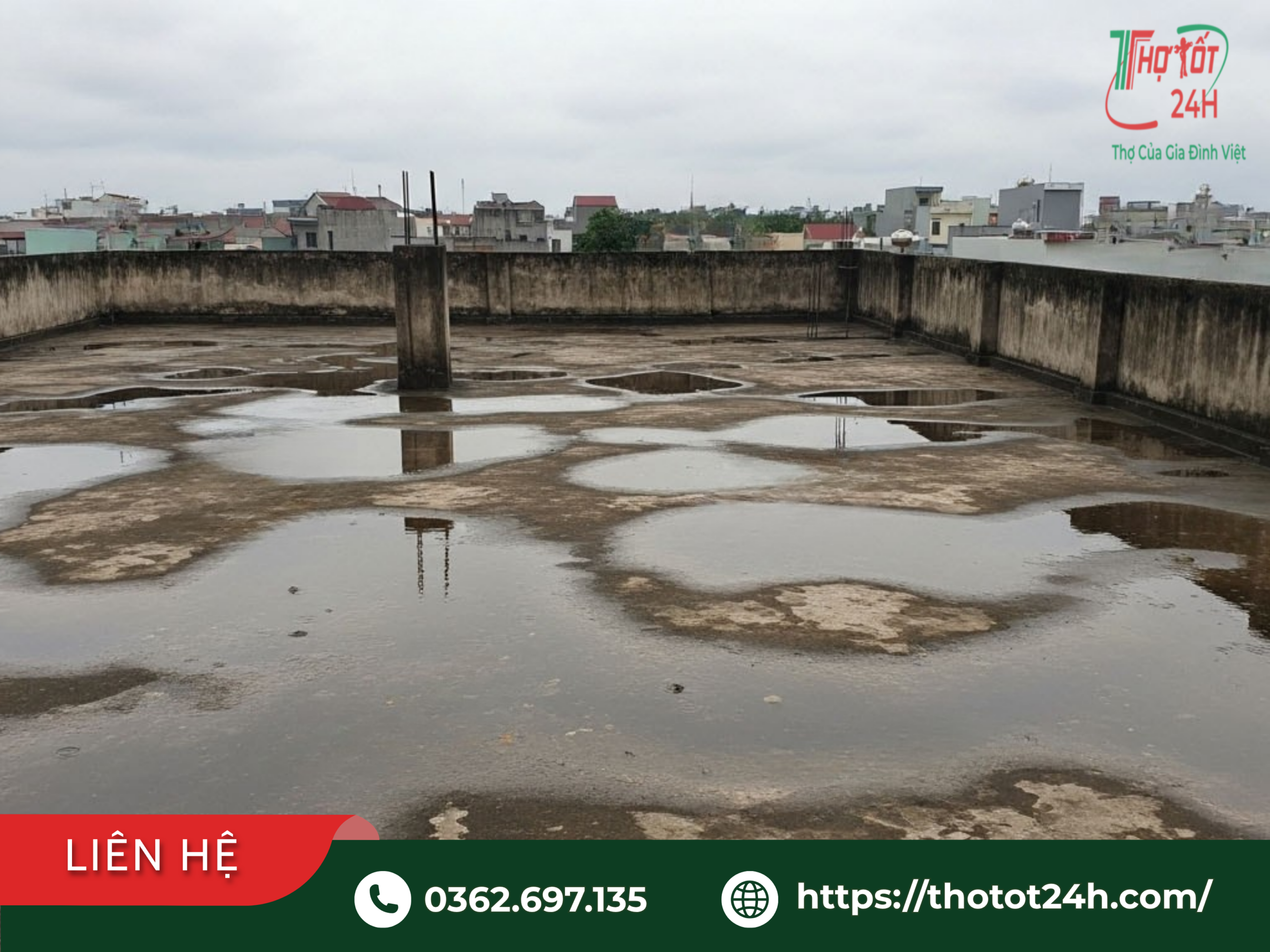 Kiểm tra tự chẩn đoán nguyên nhân sân thượng đọng nước thành nhiều vũng loang lổ sau mưa do sai độ dốc.